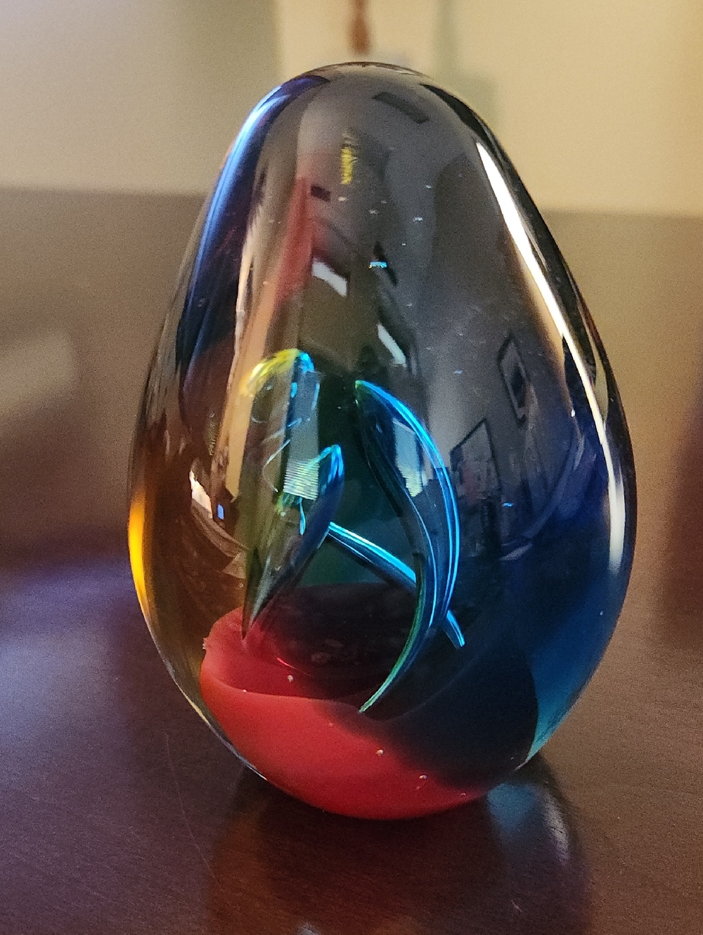 Handblown Multicolor Glass Art Egg-Shaped Paperweight - Blue, Red, Yellow Accent